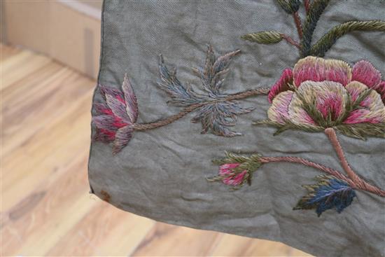 A crewel worked panel and another similar in green